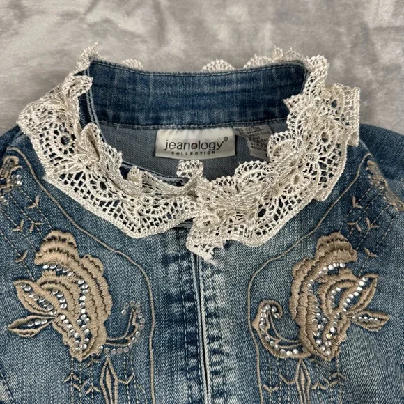 Vintage 90s Y2k Denim Jacket Womens Sz 12 Lace Fairy Whimsygoth Embroidered - Picture 3 of 13